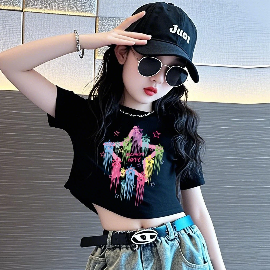 女童夏装2025新短款修身高腰T恤儿童炸街短袖上衣小女孩洋气春装