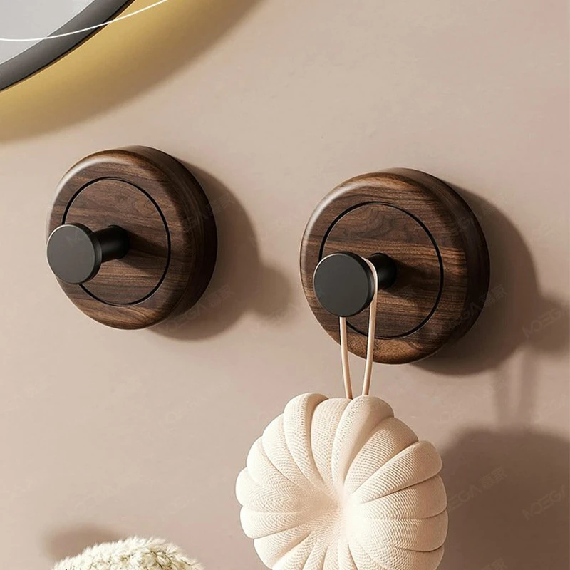 吸盘挂钩免打孔门后玄关挂衣钩卫生间浴室无痕中古风黑胡桃木粘钩