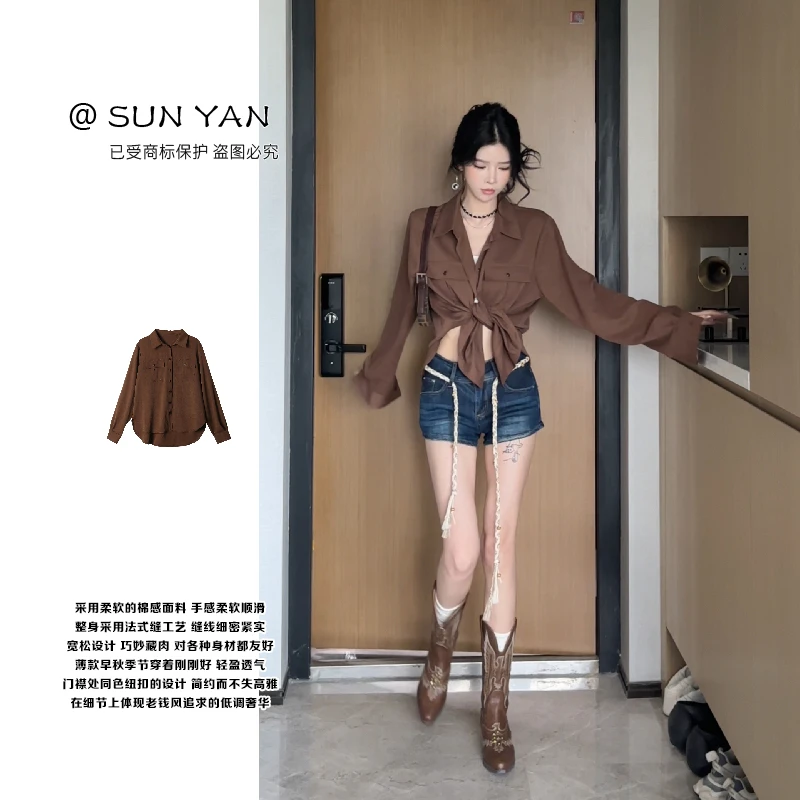 孙妍秋款【勃兰棕调】复古设计感立体口袋翻领长袖衬衫女2025