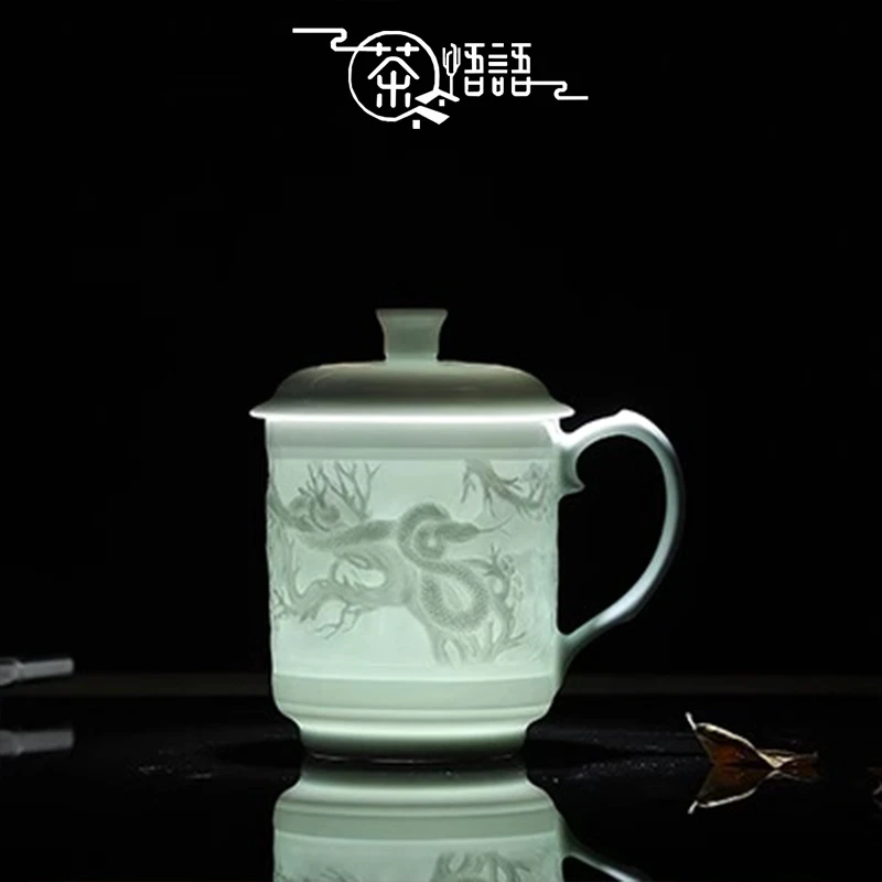 景德镇生肖青瓷杯带盖复古中国风茶杯陶瓷单个家用办公杯礼品定制