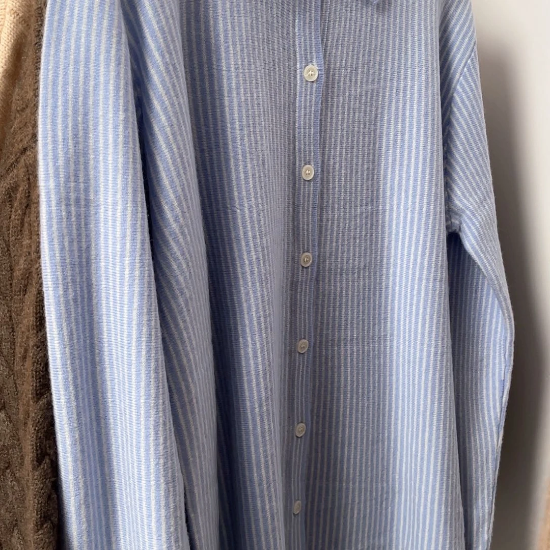 蓝条纹 衬衣款 羊绒开衫