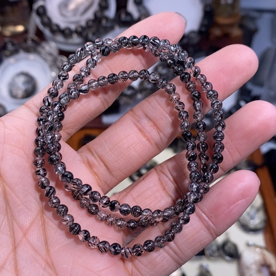 手链水晶未镶嵌黑发晶3.5mm全透体满发蕾丝三圈
