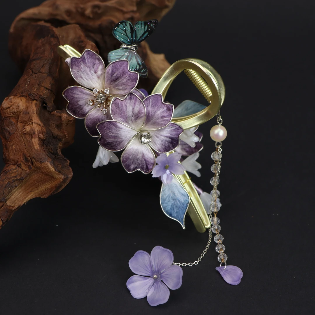 非遗绒花纯手工桑蚕丝紫色樱花抓夹