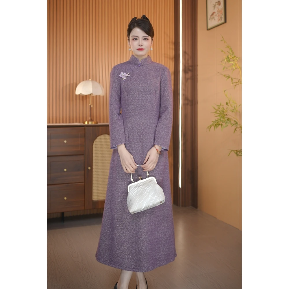 【淡雅佳人】衣长120新款冬款加绒复古中长高档文艺旗袍连衣裙