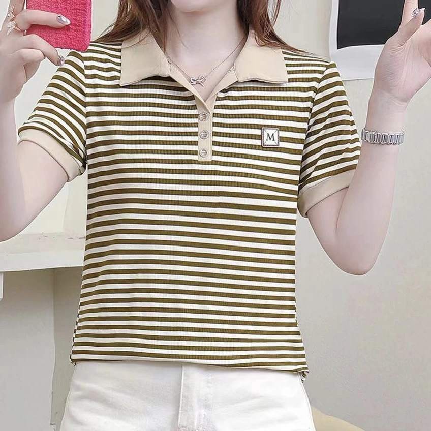洋气条纹短袖t恤女士棉翻领夏装polo衫宽松百搭运动上衣N7542