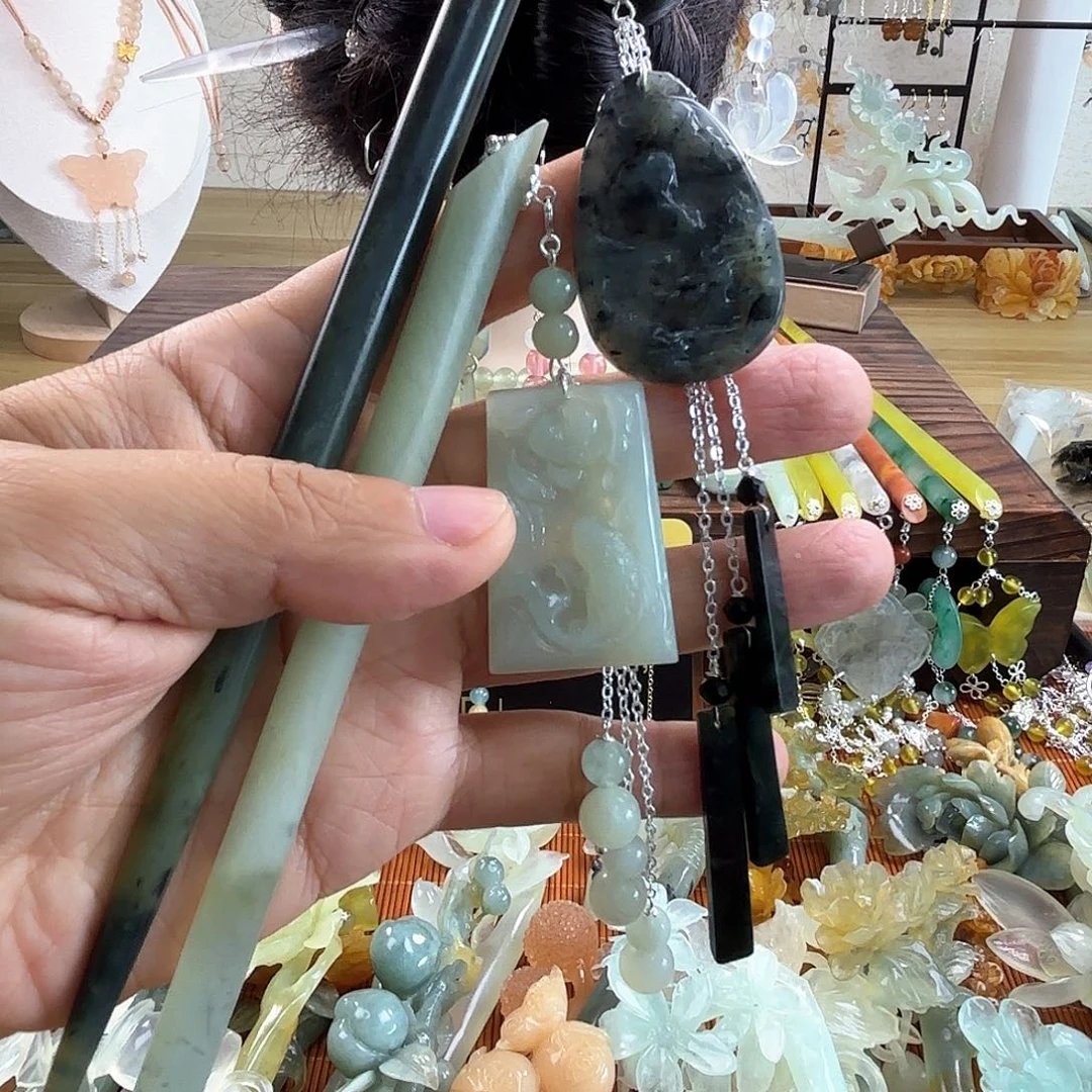 合金蛇纹石玉发饰