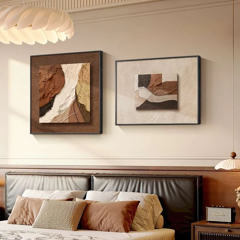 中古风抽象卧室床头装饰画复古肌理感房间主卧挂画高级感餐厅壁画