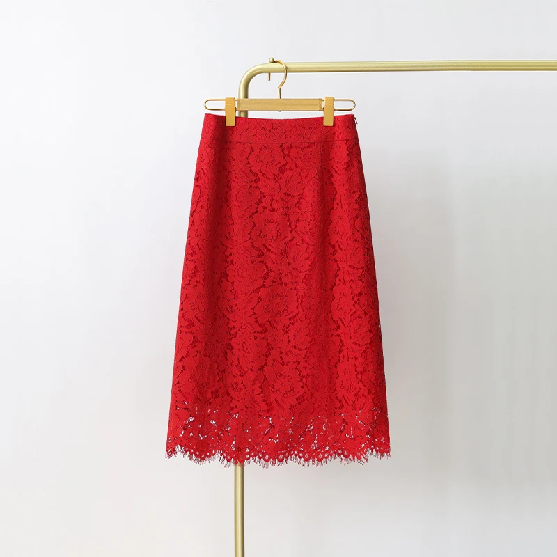 红色网纱蕾丝半身裙女夏季2025新款高腰显瘦镂空裙子中长款a字裙
