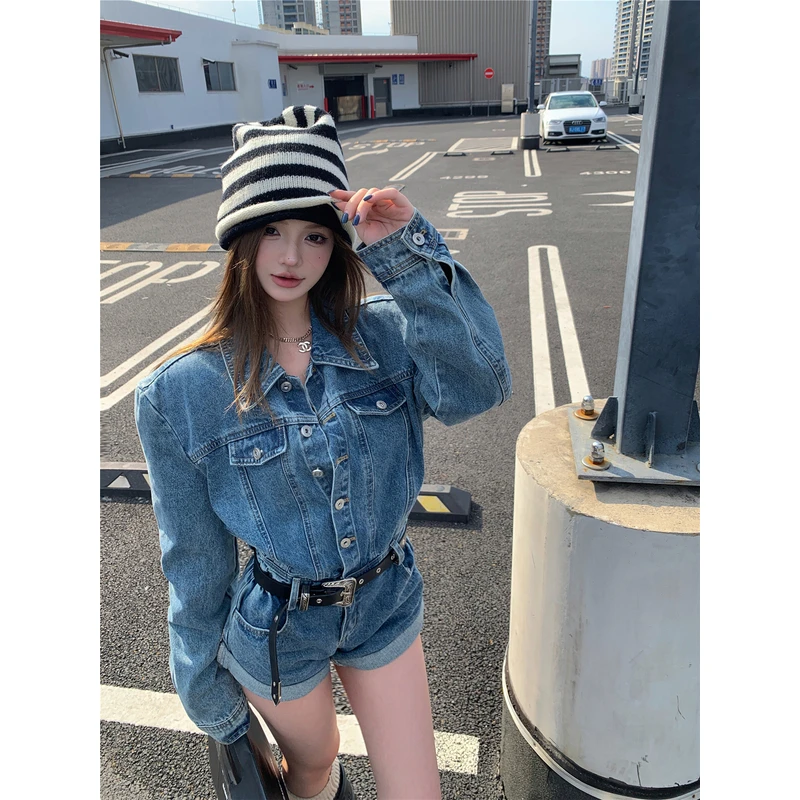 美式气质蓝色牛仔连体裤女夏季酷辣复古显瘦阔腿高腰连体短裤新款