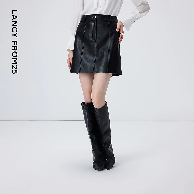 朗姿气质高级感复古仿皮裙时尚a字高腰显瘦女裙冬季新款半身裙女