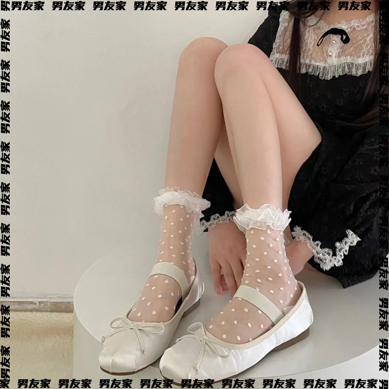 [美少女袜橱]薄款日系蕾丝花边中筒网纱波点木耳边玻璃丝水晶袜小