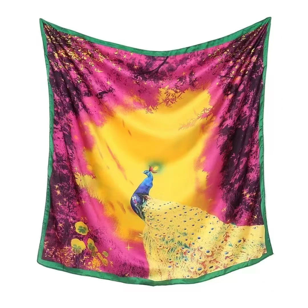 紫黄孔雀丽景缎丝巾