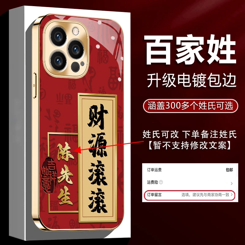 适用【苹果14ProMax】姓氏定制新年财源滚滚镀金玻璃全包防摔手机壳