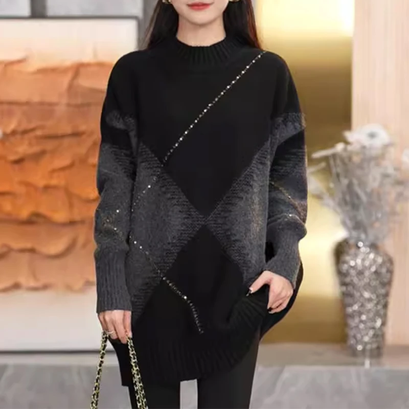 【暮秋晚风】胖mm大码气质轻奢重工钉钻撞色设计感毛衣12777