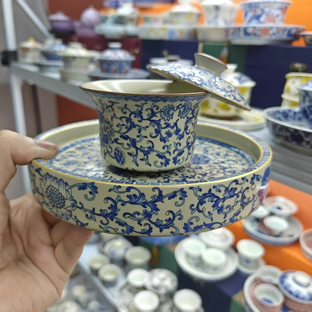 汝窑青花缠枝莲悬停旋转三才盖碗家用高档泡茶碗杯套装0928