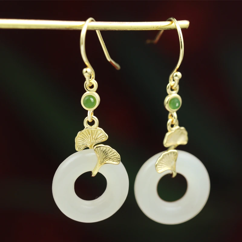 小银匠S925银和田玉耳环女中式轻奢平安扣圆形银杏叶复古宫廷耳饰