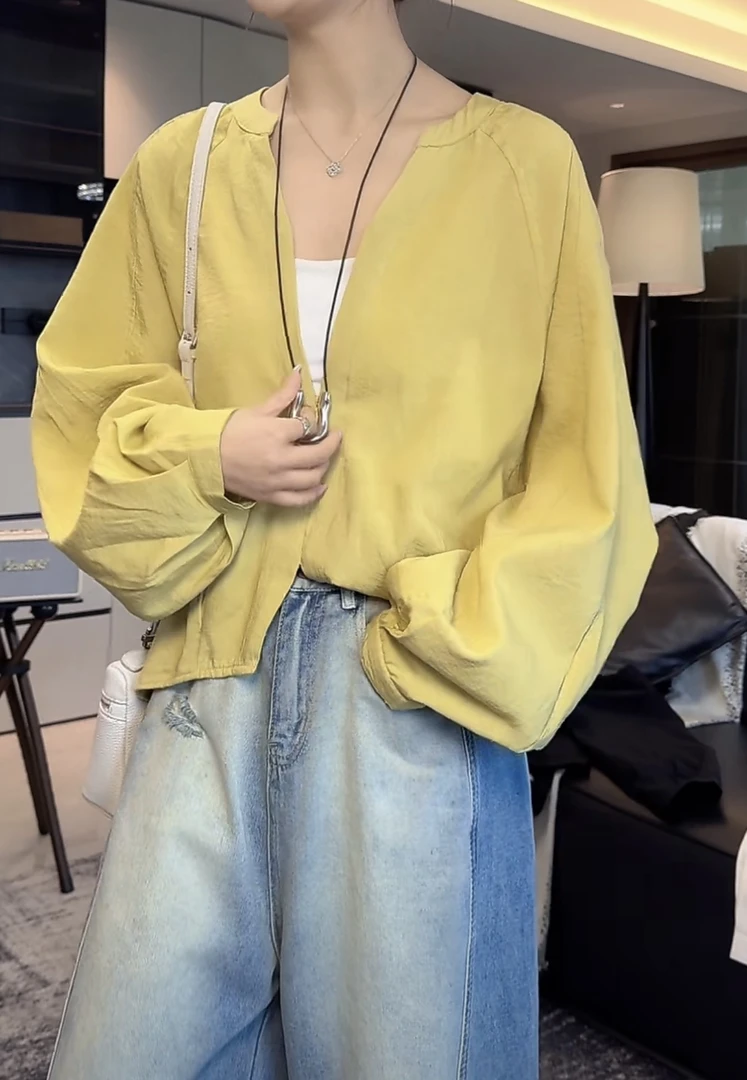 韩版小V领插肩长袖宽松衬衫女2025春季新款衬衣别致设计感上衣