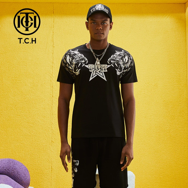 TCH服饰店-潮牌T恤烫钻虎头星星春夏新款男女黑色短袖T69A106030