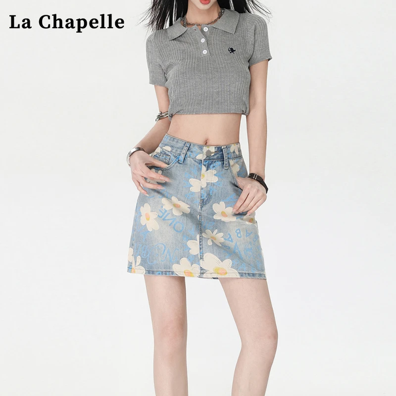 拉夏贝尔时尚印花牛仔短裙女2025年夏季新款高腰显瘦a字包臀裤裙