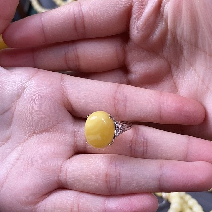 裸石琥珀银S925镶嵌戒指