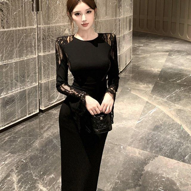 优雅高级感女神打底外穿蕾丝拼接小黑裙长裙气质御姐黑色包臀裙