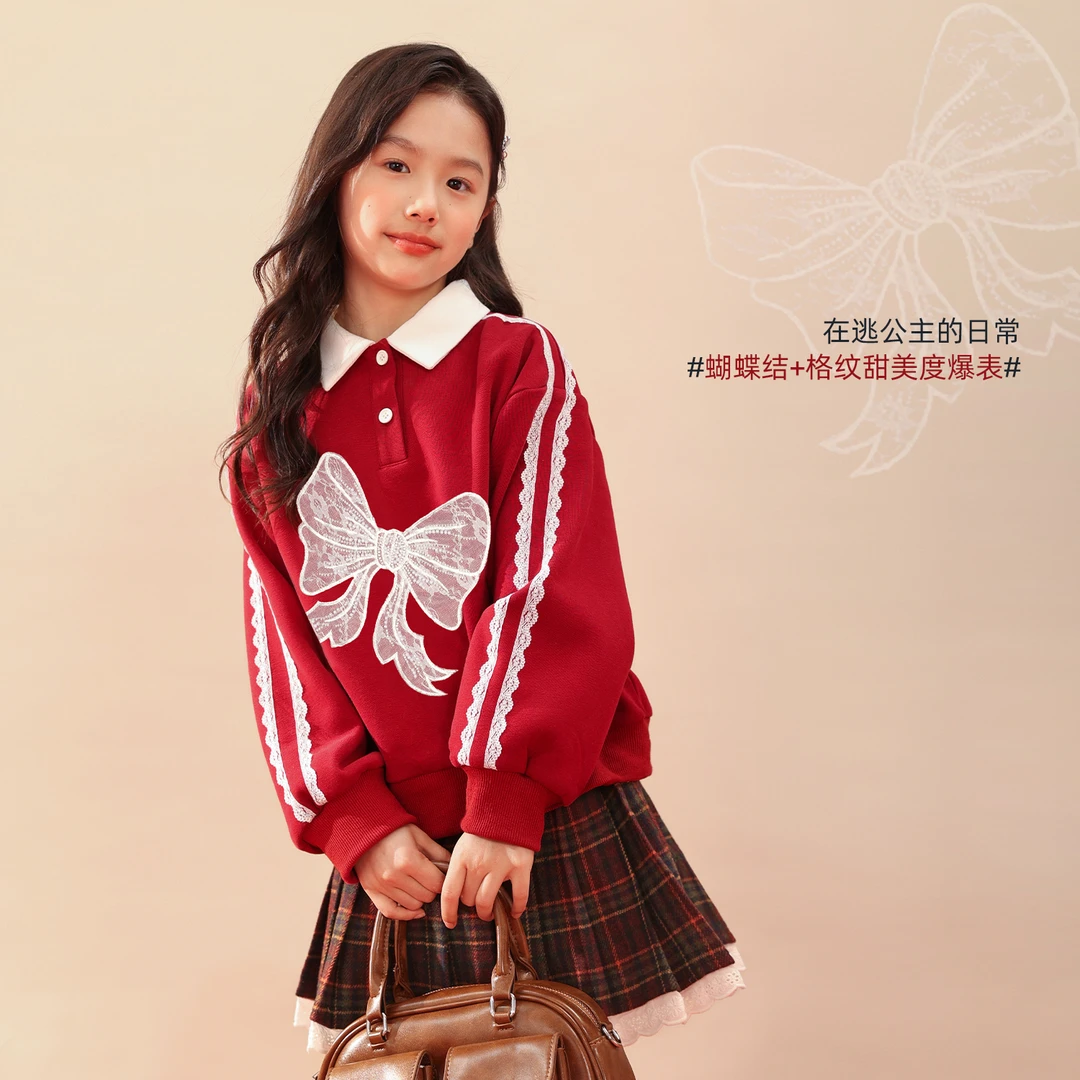 LUSON&NORNOR女童红色卫衣2025秋冬新款加绒加厚儿童上衣NB590223