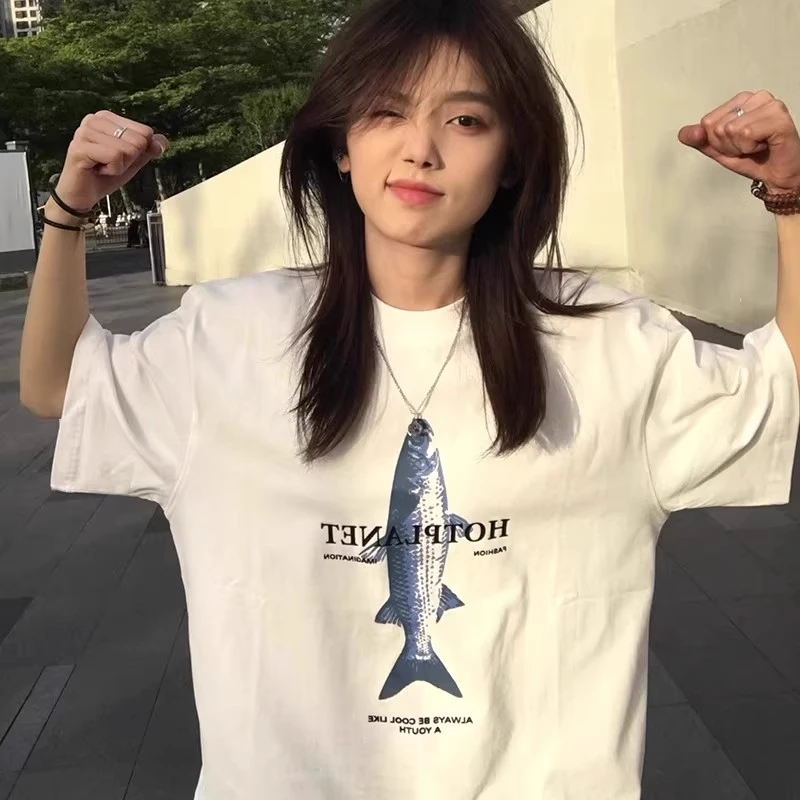 SLND 个性闲鱼创意趣味图案印花短袖T恤男女款夏宽松休闲别致上衣