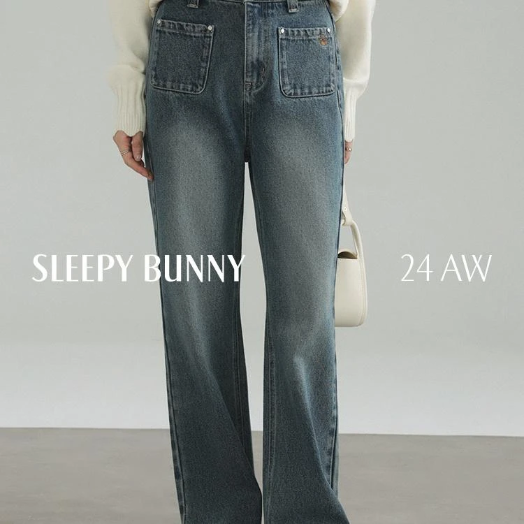 J瞌睡兔【清苍】刺绣微喇牛仔裤女秋高腰显瘦显高阔腿长裤子246059