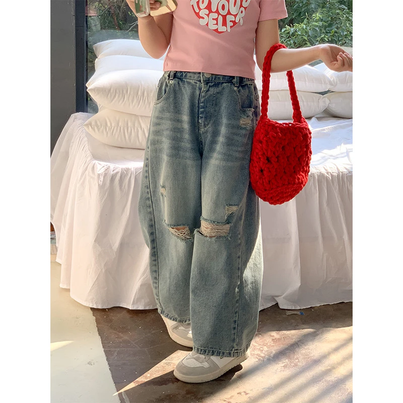2025春季新款韩版百搭破洞高腰牛仔裤