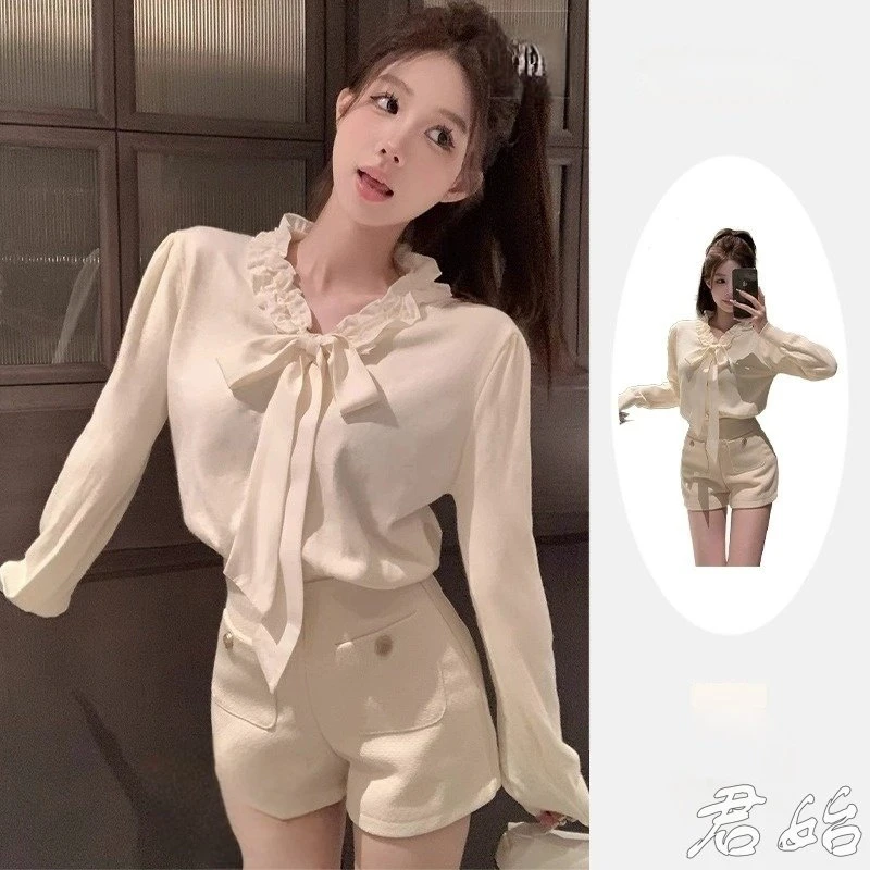 法式百搭辣妹蝴蝶结白色衬衫女小香风纯欲泡泡袖内搭衬衣上衣打底