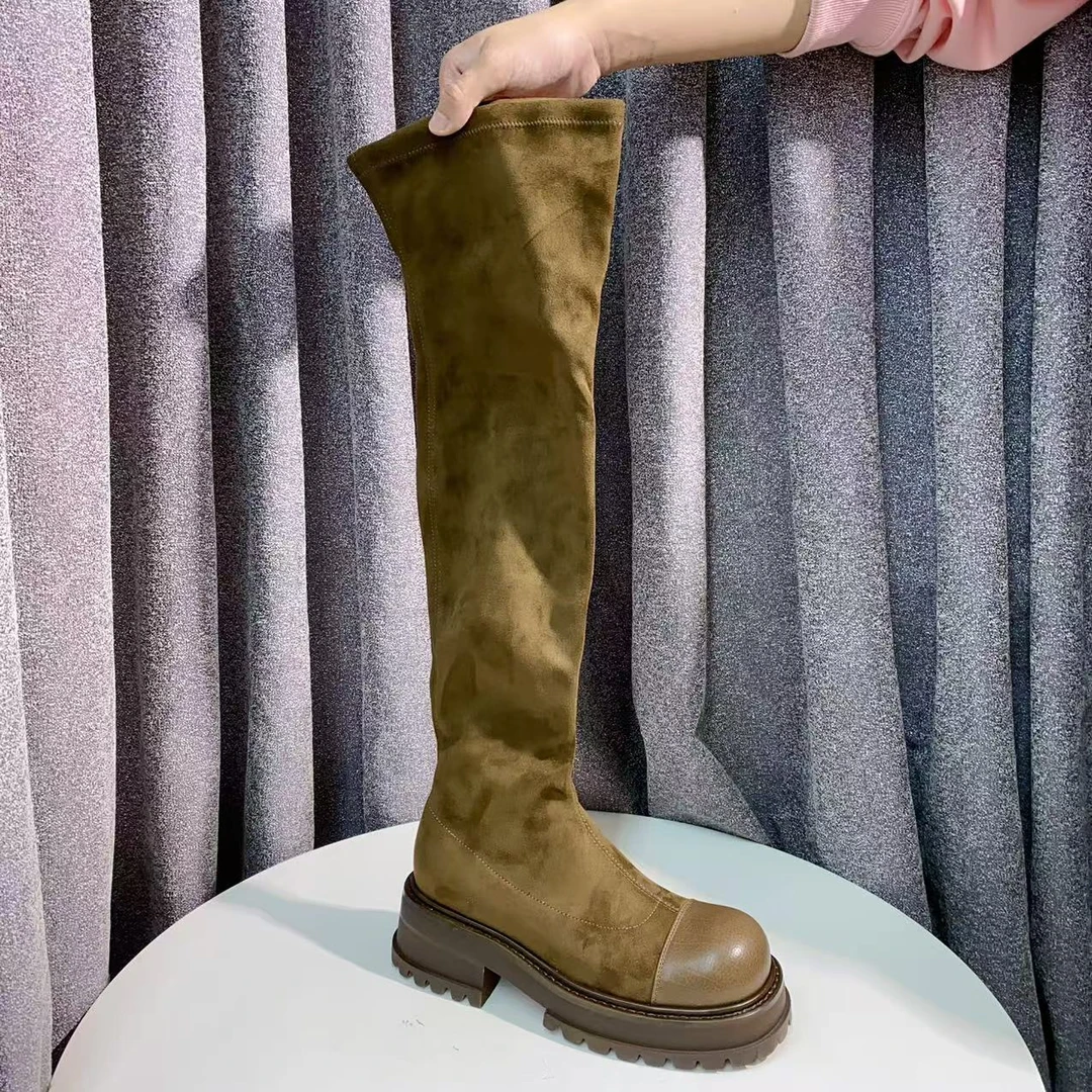 C220 卡其绿 秋冬时尚舒适粗跟圆头高筒女长靴弹力靴 过膝靴