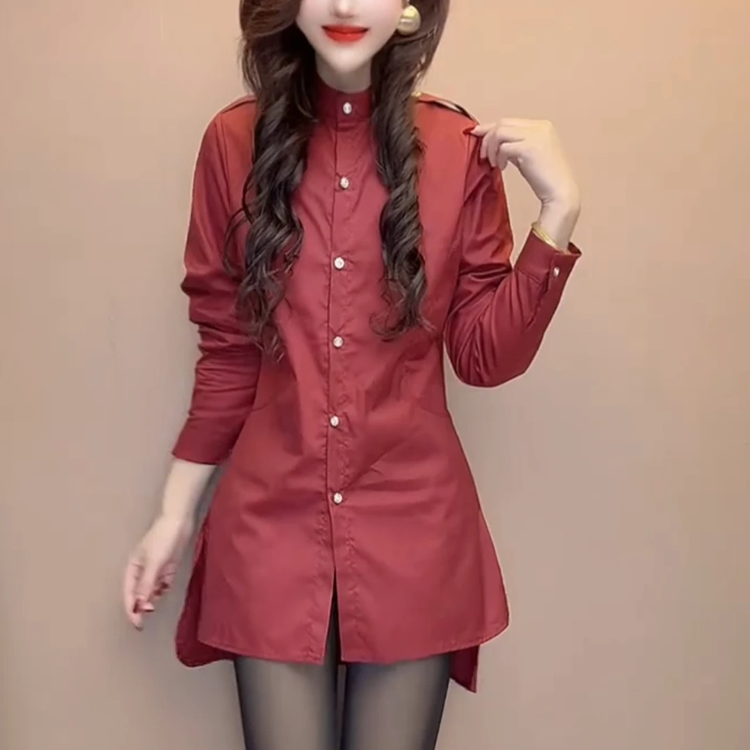 春季新款韩版气质肩章侧开叉中长款宽松显瘦衬衫女长袖打底上衣