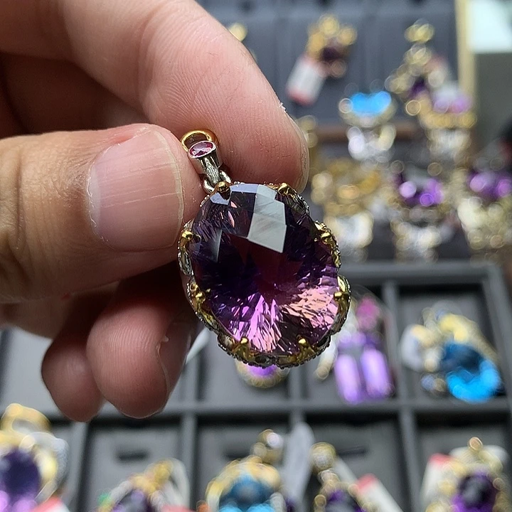 可***丝吊坠(不含链)银S925镀金镶嵌水晶