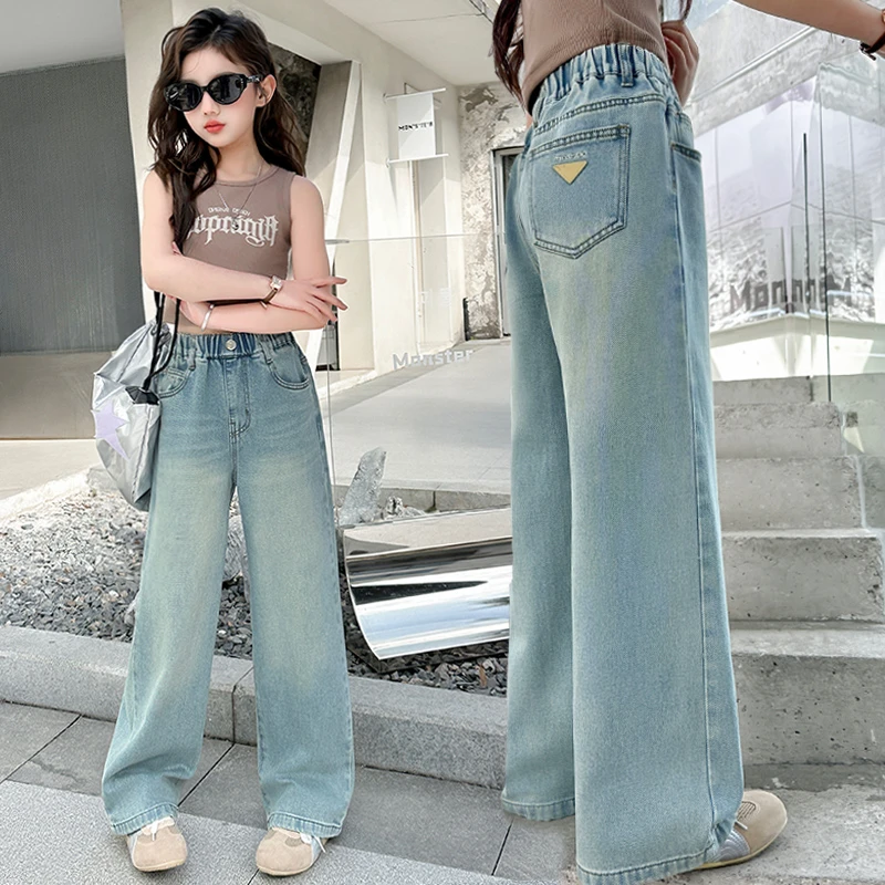 女童牛仔阔腿裤裤子春秋儿童洋气牛仔裤新款青少年韩系穿搭直筒裤