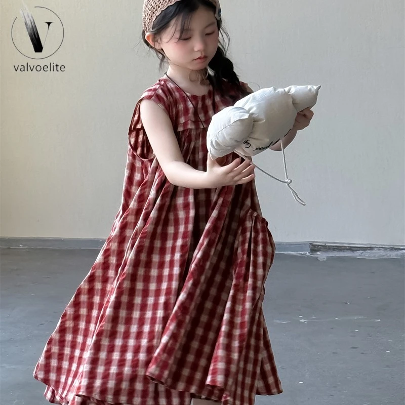 VALVOELITE新款夏装江南风大裙摆红格子连衣裙洋气儿童无袖裙女孩