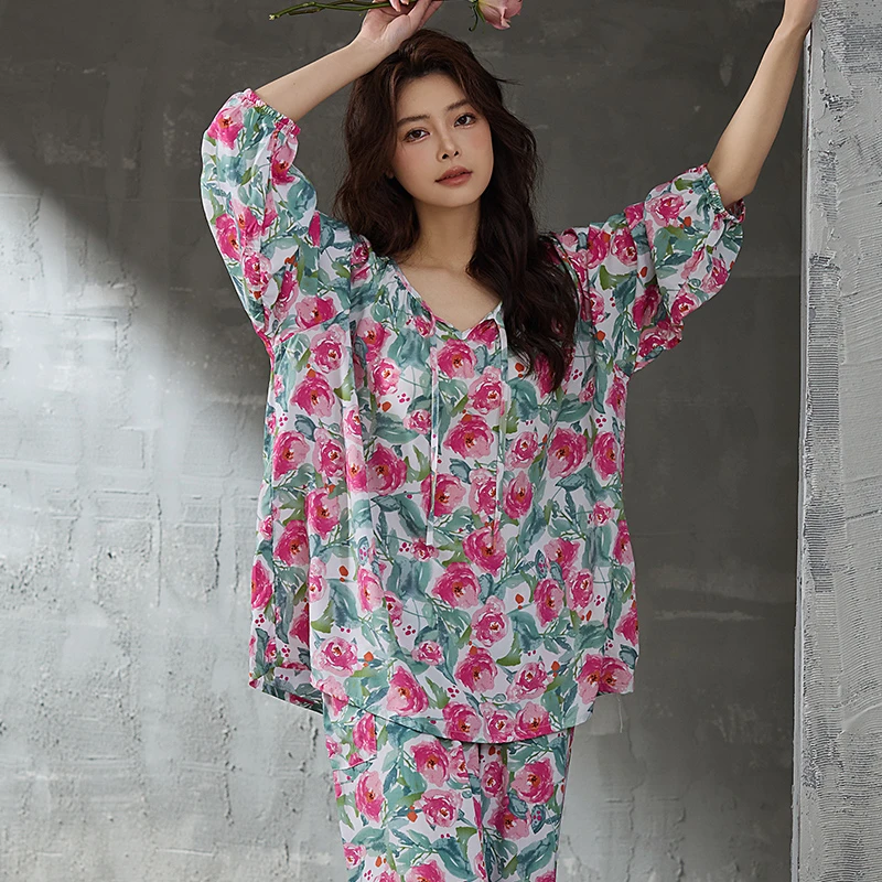 2025新款夏季棉绸防凸点休闲居家宽松套装大码中式薄款国风复古