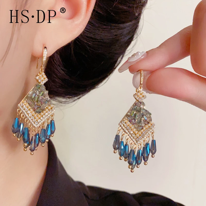 法式复古菱形水晶流苏耳钩女个性轻奢时尚百搭显瘦民族风耳坠