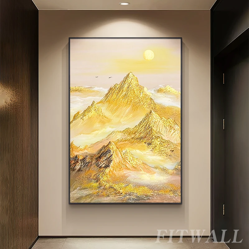 鸿运天成丨日照金山手绘油画入户玄关装饰画办公室高级感立体挂画