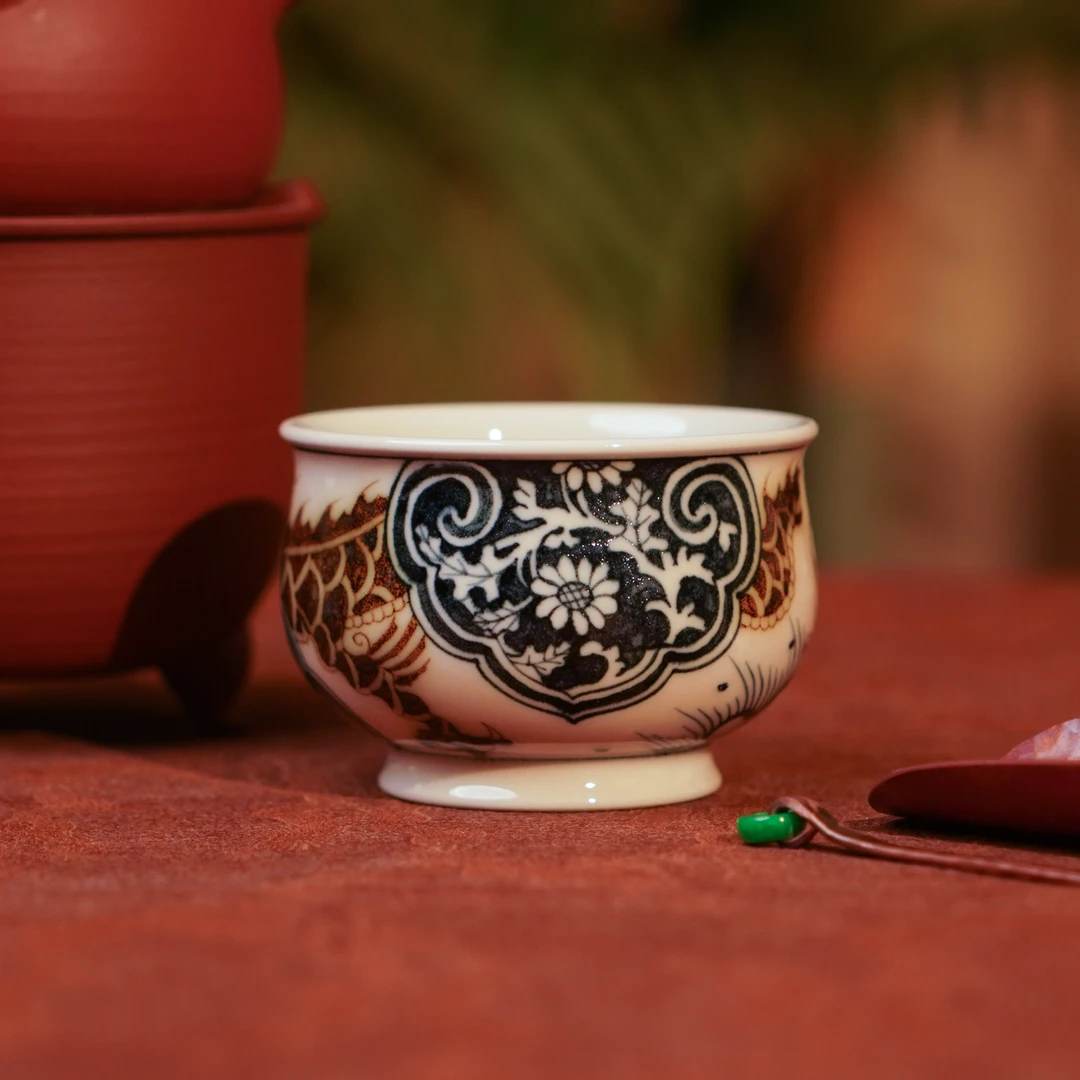 渐升堂  青+金窗花龙炉式杯  茶具中式茶道陶瓷饮茶