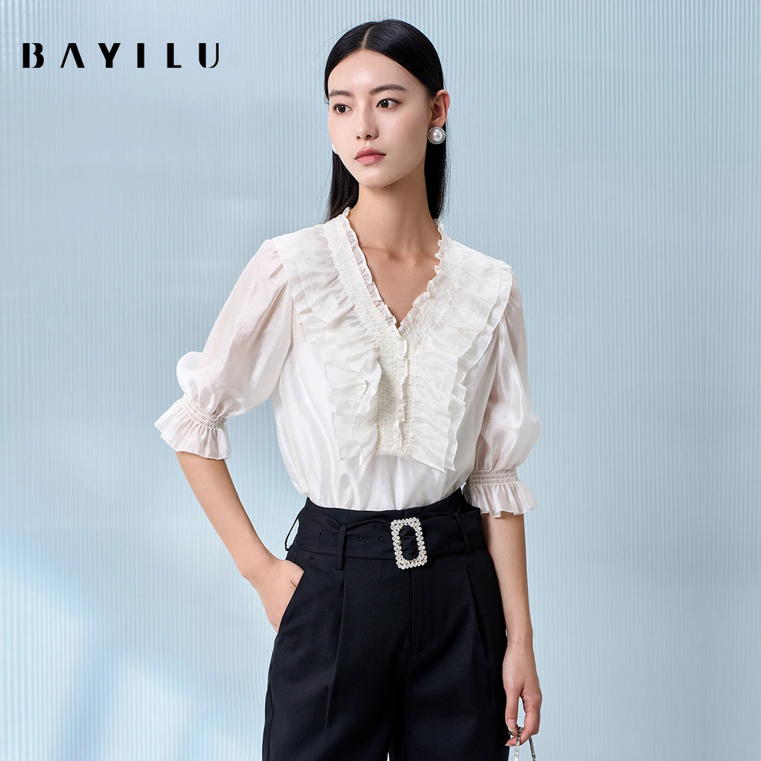 【力力淘】芭依璐夏季衬衫女法式v领显瘦上衣90C1028