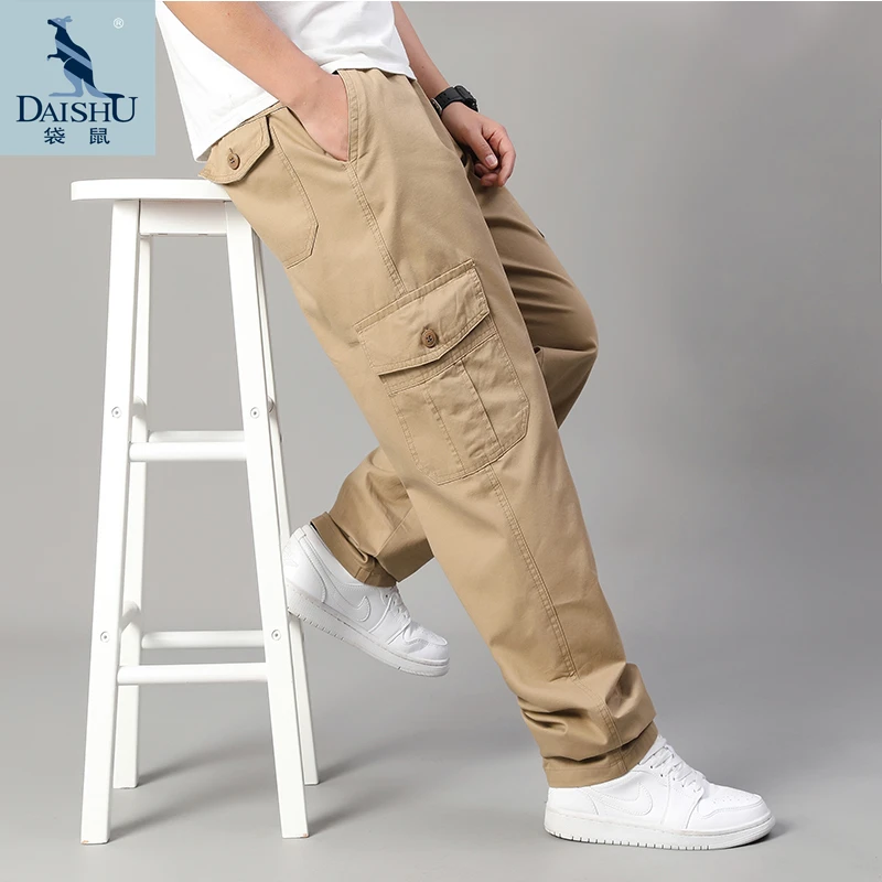 袋鼠纯棉工装裤男士春秋季宽松多口袋休闲裤子松紧腰大码直筒长裤