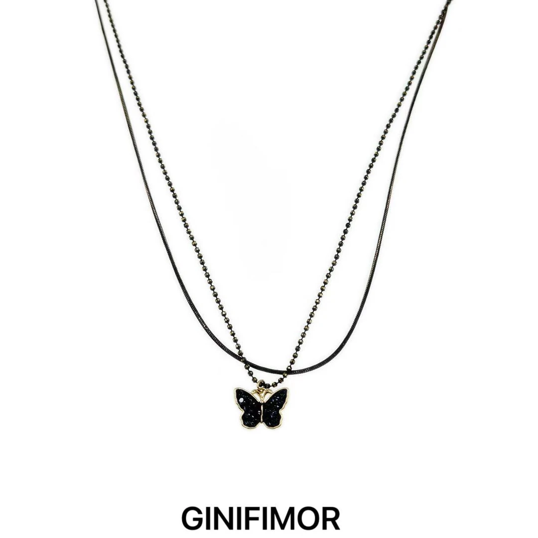 GINIFIMOR 铜合金亚克力项链 a798 黑色双层圆珠蝴蝶项链百搭配饰