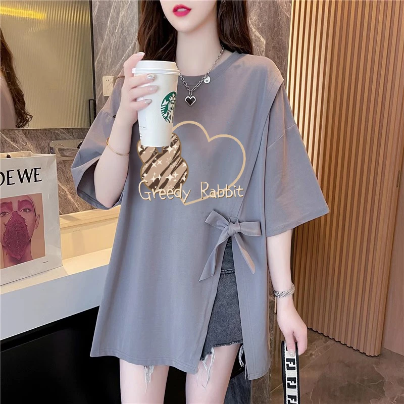 纯棉设计感正肩开叉短袖t恤女夏季2025新款宽松大码洋气显瘦上衣