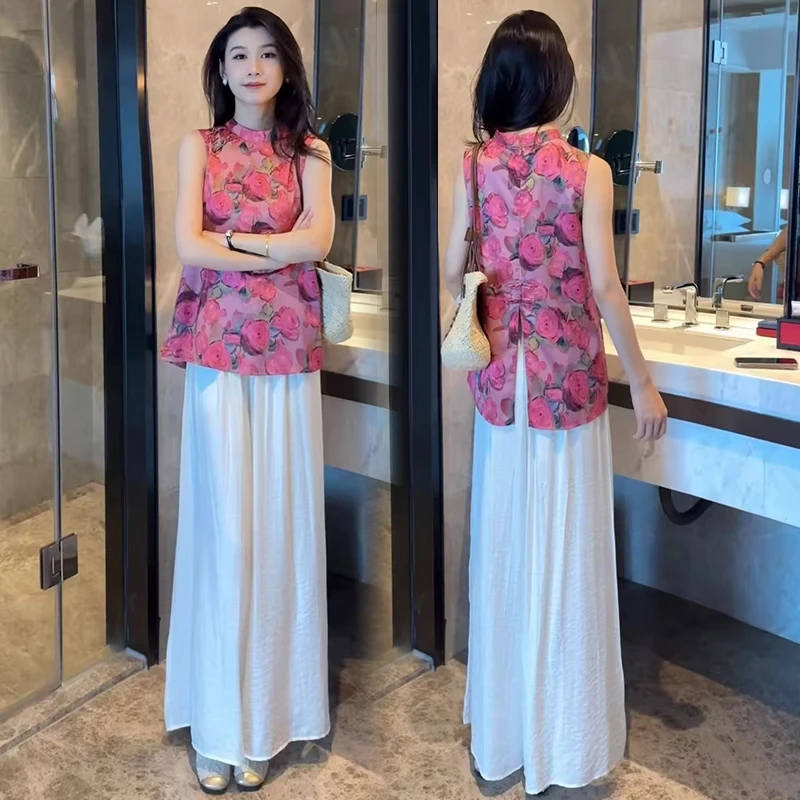 拉夏贝尔新中式国风套装女2025夏季新款印花盘扣衬衫阔腿裤两件套