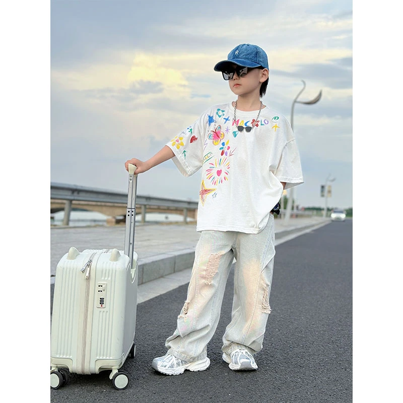 男童夏季时尚洋气手绘印花圆领短袖个性中大童破洞打褶长裤两件套