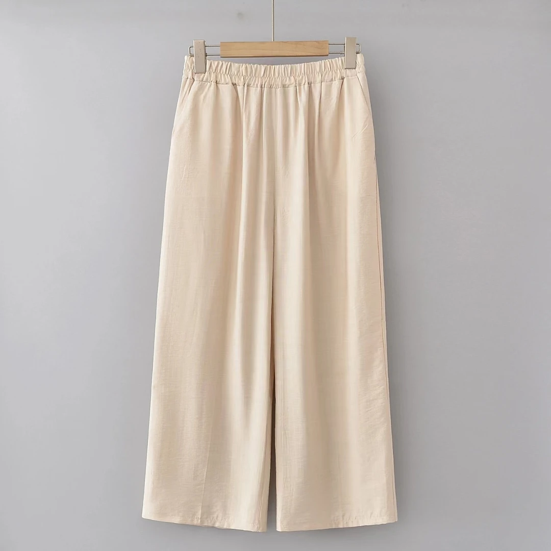 裤子中国风九分时尚松紧腰女装高腰女裤夏季直筒裤宽松休闲妈妈