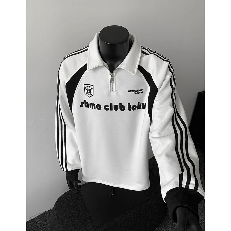 美式高街polo衫卫衣男款秋冬季半拉链设计感长袖T恤拼接翻领外套