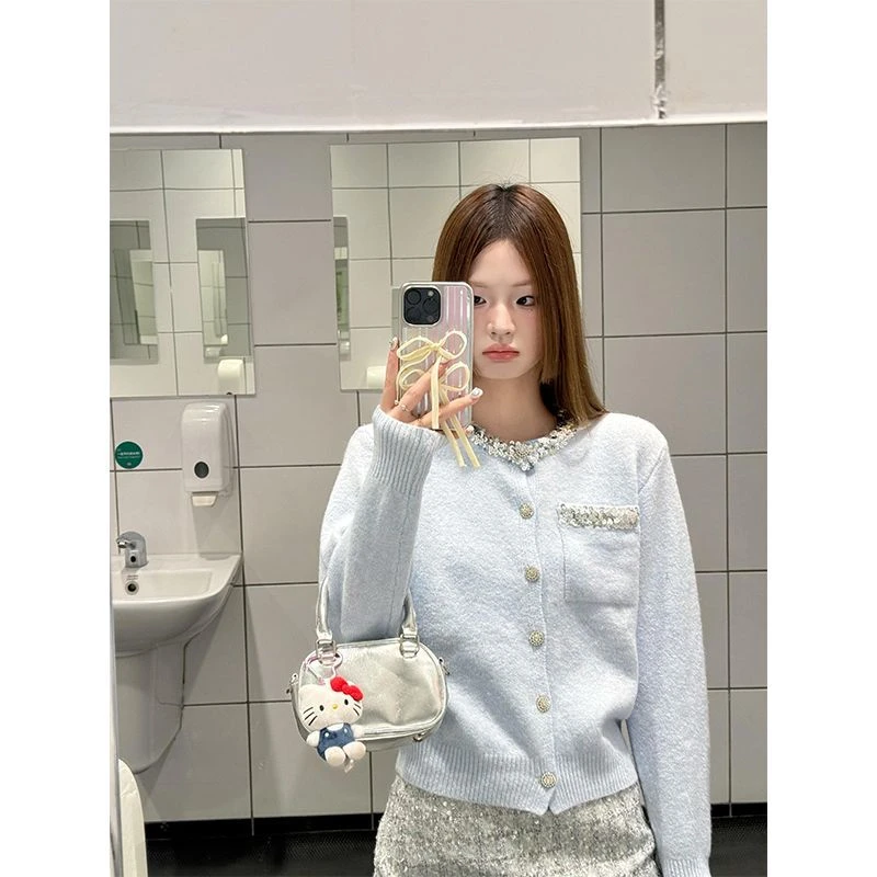 法式高级感重工亮片装饰蓝色长袖针织开衫女气质减龄时尚百搭上衣