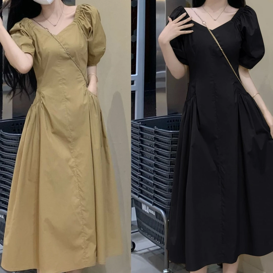 大码法式V领泡泡袖短袖连衣裙夏季胖mm收腰简约显瘦高级感1503