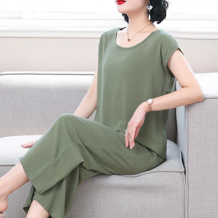 棉绸套装上衣女大码休闲年轻妈妈款洋气短袖九分裤两件套宽松薄款